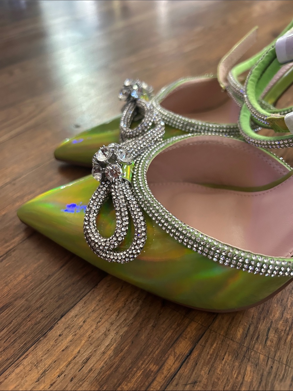Liliana Iridescent Lime Green Pointed Toe Heels with Crystal Bow - Picture 4 of 5